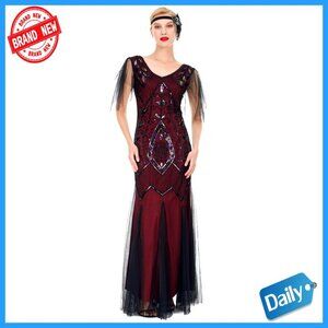 Vintage Art Deco Sequin Maxi Dress Flapper Gown Formal Evening Wear